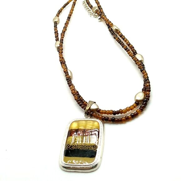 VTG Kenneth Cole 2-Strand Necklace Beaded Earth Tone Enamel Pendant Faux Pearls - Picture 3 of 15